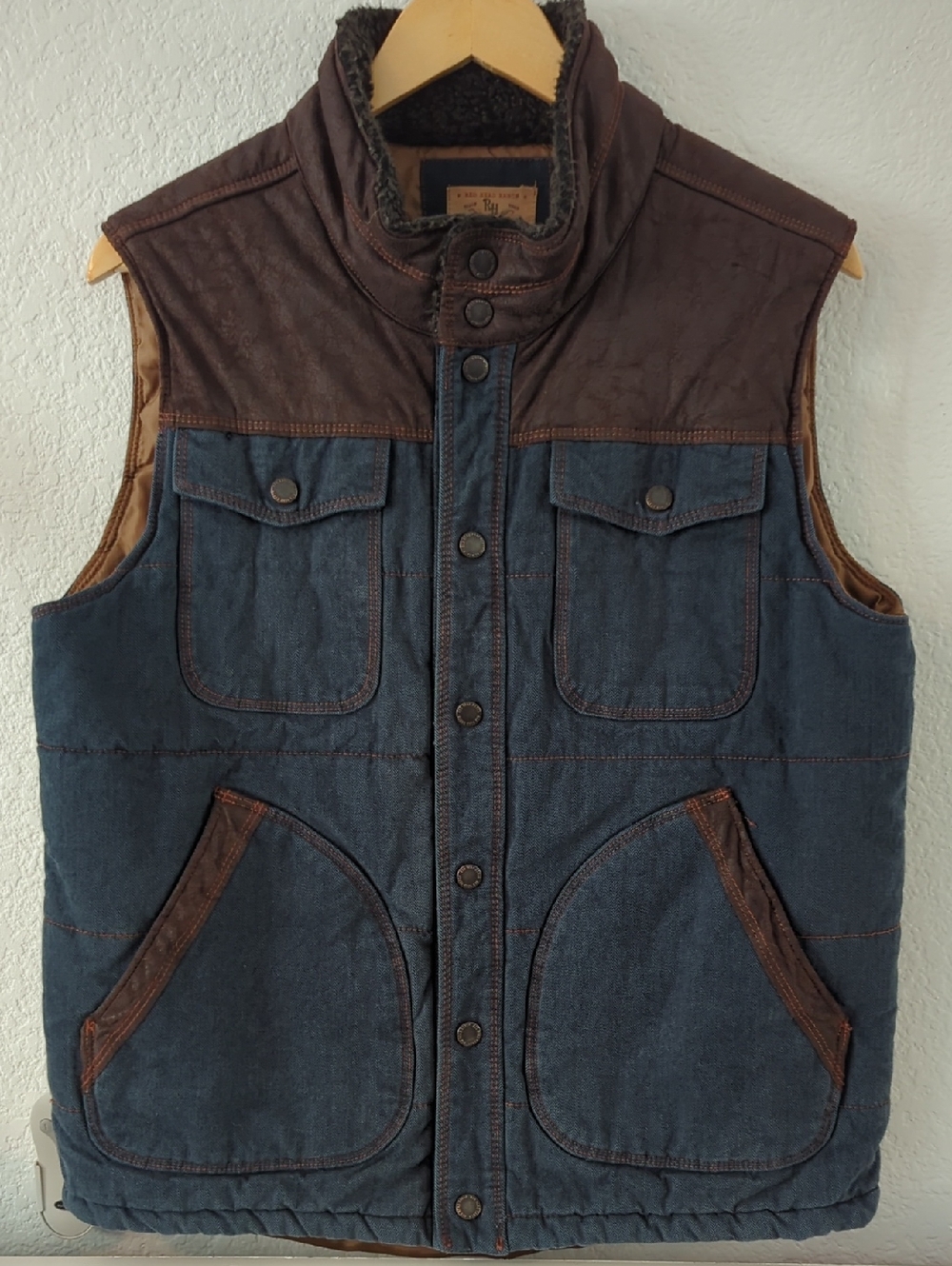 Men's Denim and Brown Quilted Vest Jacket